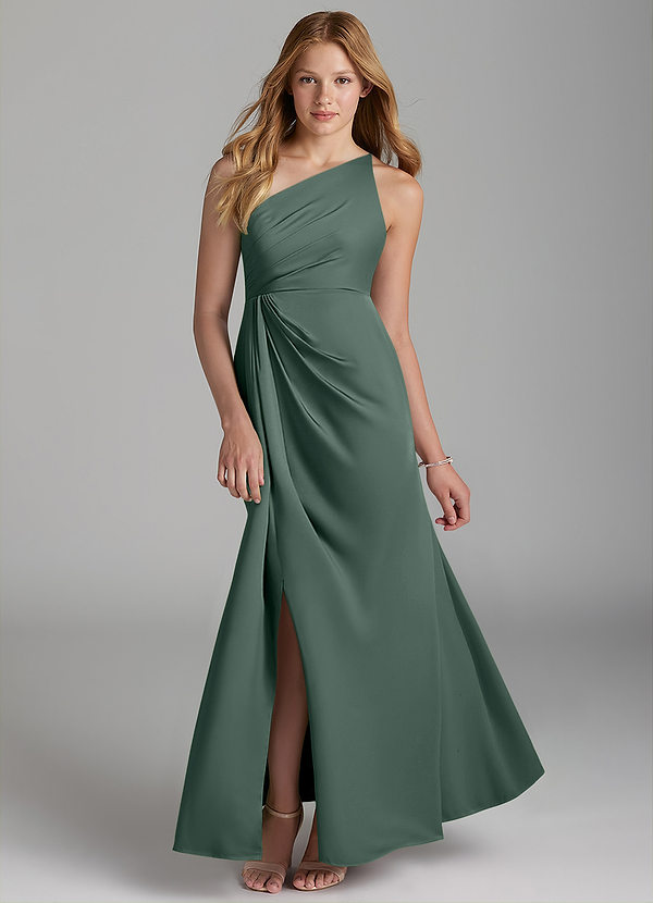 Azazie Mika Junior Robe Trapèze en Satin extensible Plissée Mousse De Mer image1