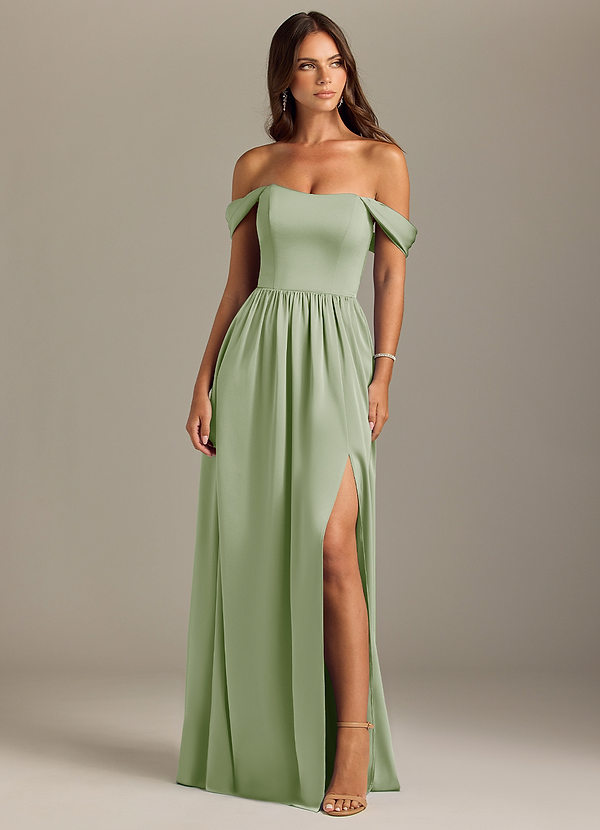 Azazie Calianna Bridesmaid Dresses Dusty Sage A-Line Off the Shoulder Stretch Satin Convertible Dress image1