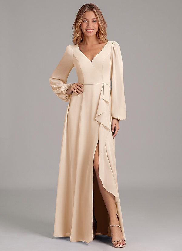Azazie Simone Bridesmaid Dresses White Alabaster A-Line Long Sleeve Chiffon Dress image1