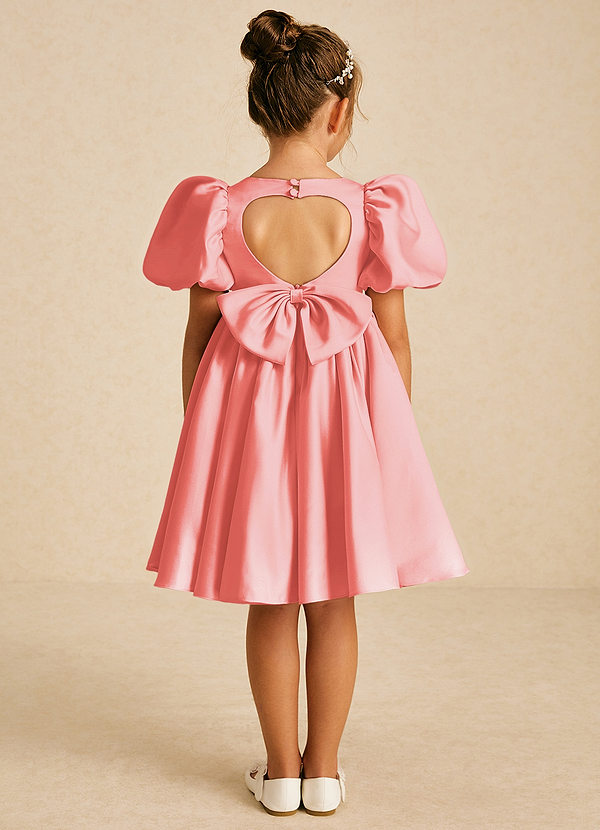 Azazie Muffin Flower Girl Dresses Coral A-Line with Sleeves Matte Satin Dress image1