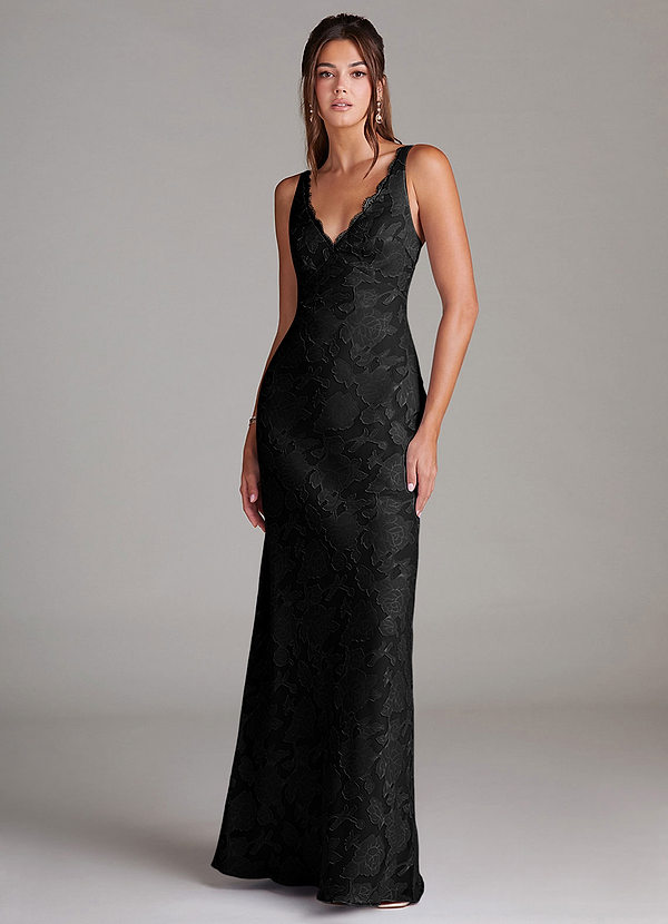 Azazie Tianna Bridesmaid Dresses Black Sheath Lace Floral Burnout Dress image1