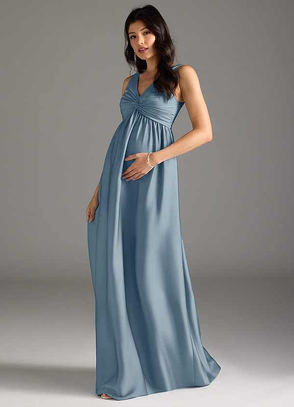 Azazie Yetta Maternity Bridesmaid Dresses A-Line Pleated Stretch Satin Floor-Length Dress image1