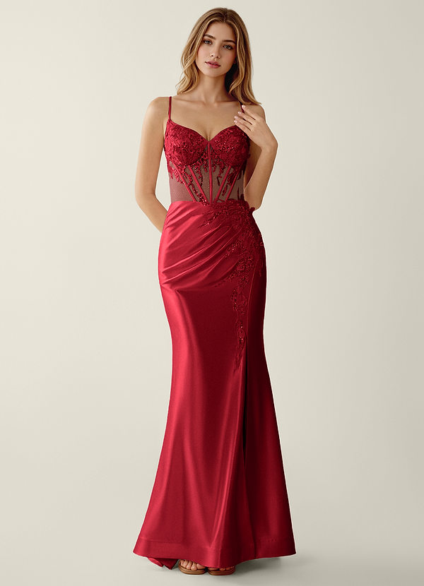 Anouk Red Satin V-neck Flower Sequin Embroidery Mermaid Prom Dress image1