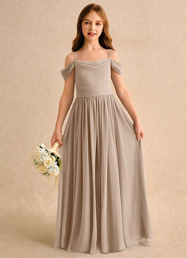Azazie Shia Girls Formal Flower Girl Dresses Taupe A-Line Off the Shoulder Chiffon Dress image1