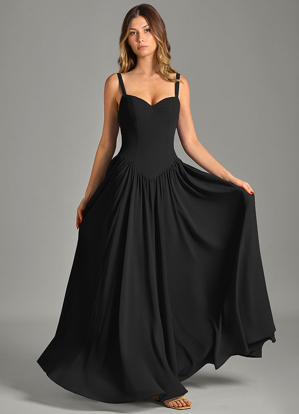 Azazie Evadina 신부 들러리 드레스 A라인 코르셋 쉬폰 바닥 길이 드레스 image1