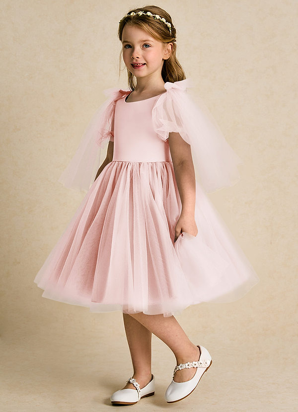 Azazie Duchess Robes de Fillette d'Honneur Robe Trapèze en Tulle avec manches Rose Pâle image1