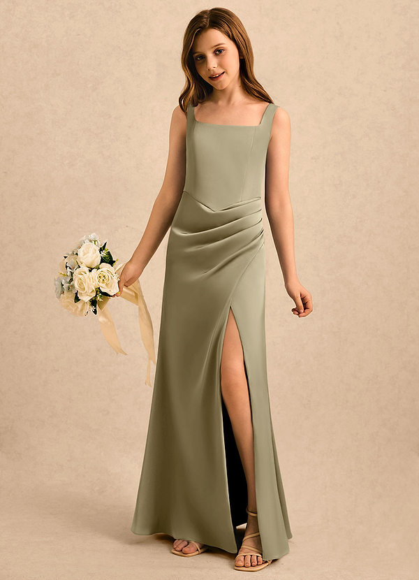 Azazie Noah Girls Formal Blumenkinder Kleider Etui Plissee Stretch-Satin Kleid Moosgrün image1