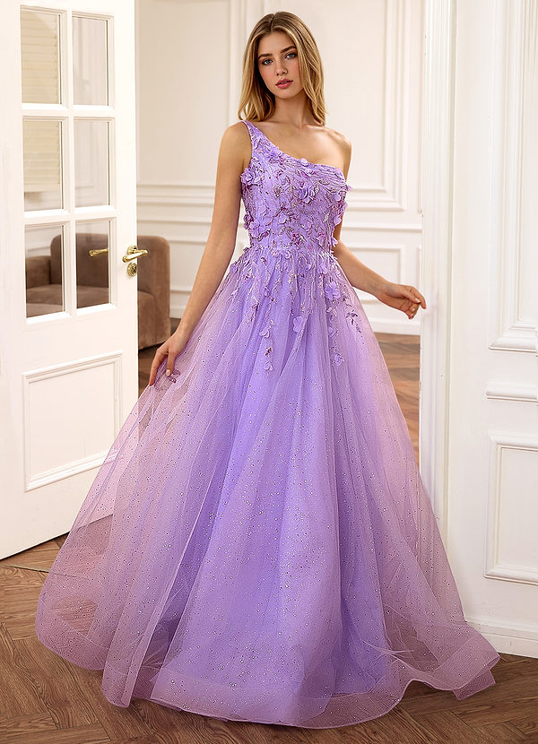 Felicite Roxa Vestido de baile floral em tule com lantejoulas, um ombro só e glitter. image1