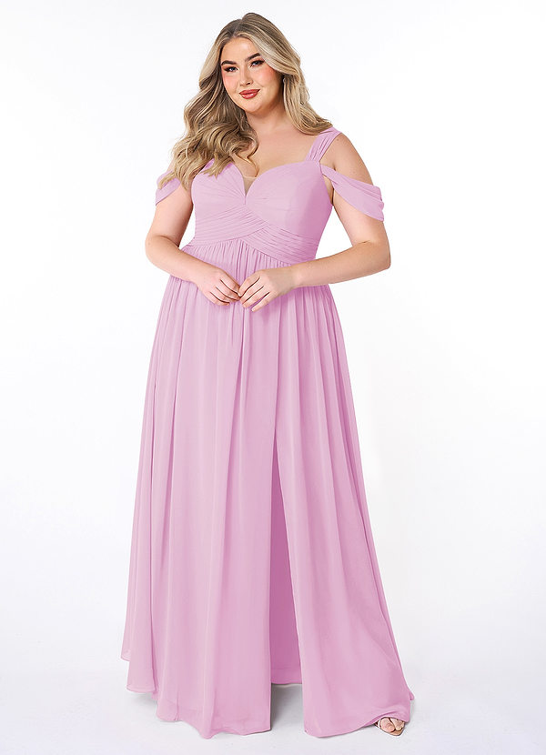 Azazie Lianne Bridesmaid Dresses Candy Pink A-Line Off the Shoulder Chiffon Dress image1