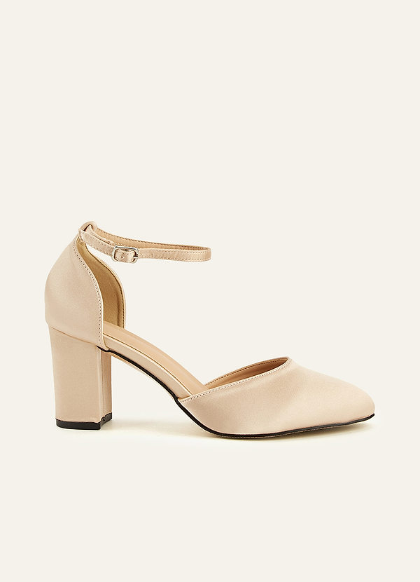 front Satin Ankle Strap Pointed Toe Block Heels