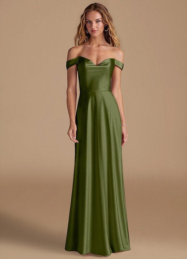 Azazie Jackalin Robes Demoiselle d'honneur Robe Trapèze Convertible en Satiné métallisé Épaule décolletée Olive image1