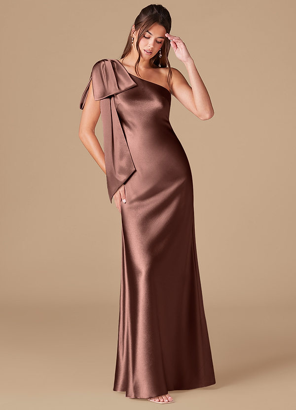 Azazie Capri Bridesmaid Dresses Espresso Sheath One Shoulder Metallic Satin Dress image1