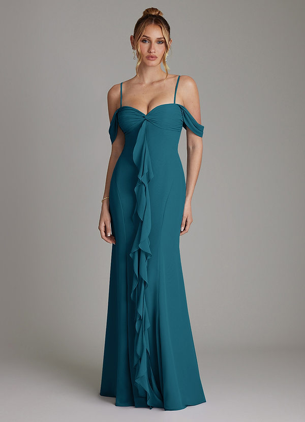 Azazie Karmela Bridesmaid Dresses Ink Blue A-Line Off the Shoulder Chiffon Dress image1
