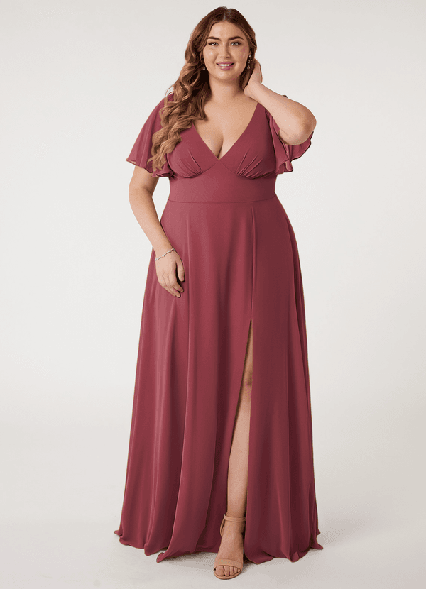 Azazie Kimber Brautjungfernkleider A-Linie Volantärmel Chiffon Kleid Merlot image1