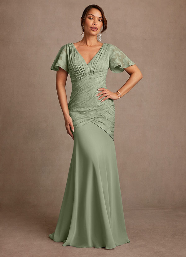 Azazie Jolene Mother of the Brides Dresses Agave Mermaid Pleated Floral Burnout Dress image1