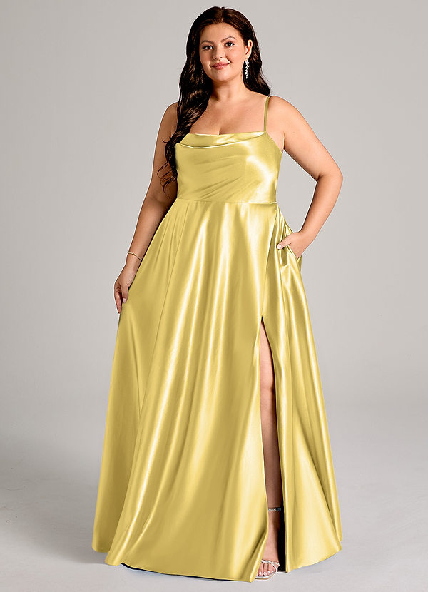 Azazie Elle Brautjungfernkleider A-Linie mit Taschen Metallischer Satin Kleid Kanarienvogel image1