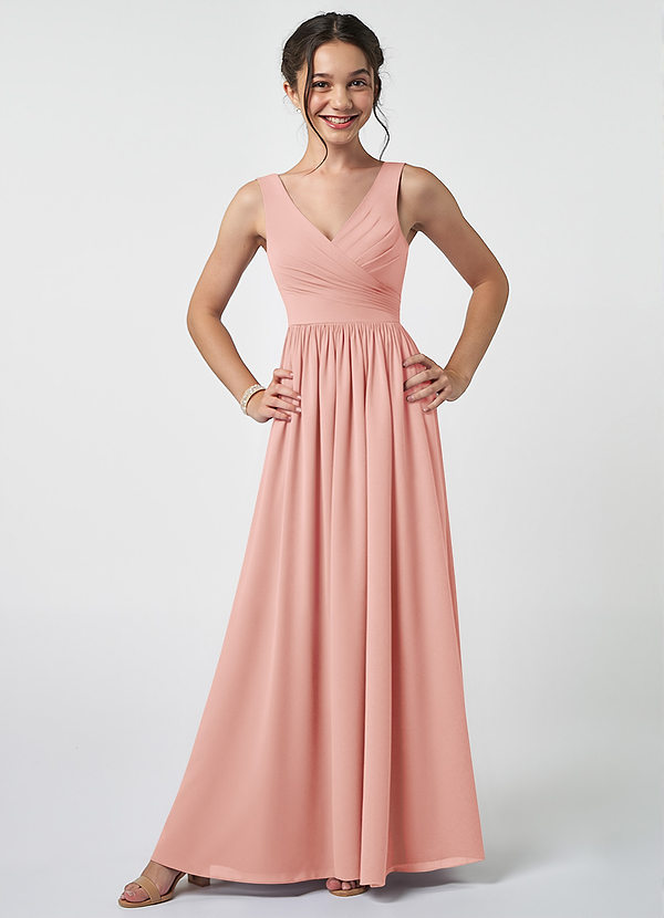 Azazie Keyla Junior A-Linie Plissee Chiffon Kleid Rosettenrosa image1