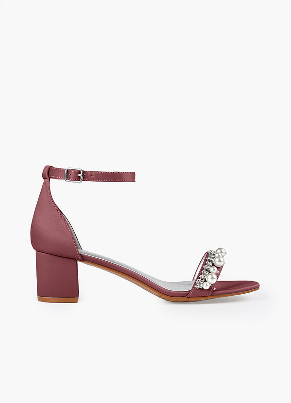 front Matching Color Matte Satin Pearl and Rhinestone Block Heel Sandals