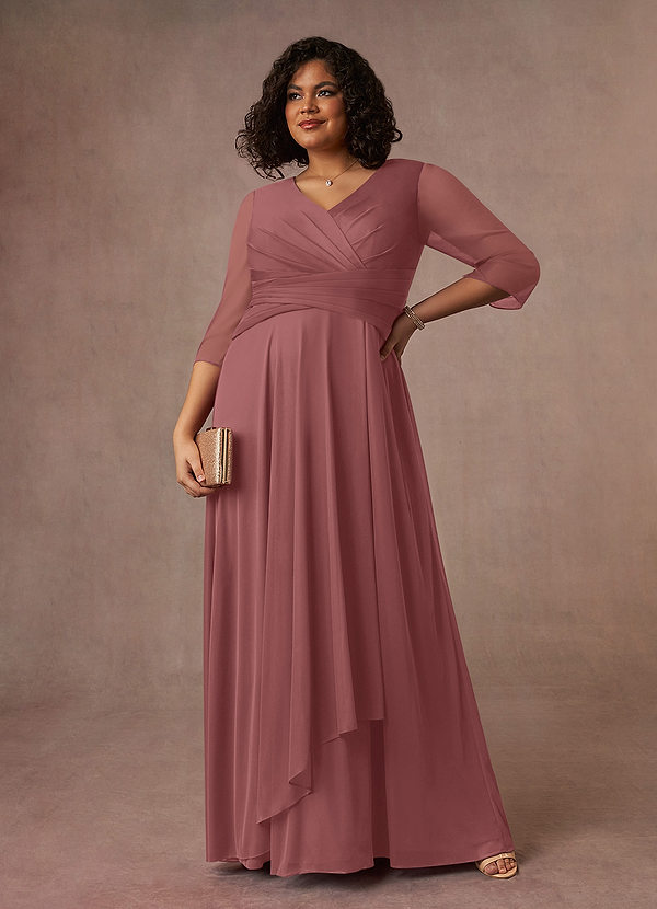 Azazie Annetta Robe Mère de la Mariée & du Marié Robe Trapèze en Maille Col en V à manches longues Rose Du Désert image1