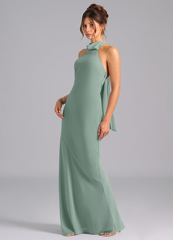 Velli Vestidos de dama de honor Vestido Salvia Plateada de Gasa de Corte Sirena con Cuello alto image1