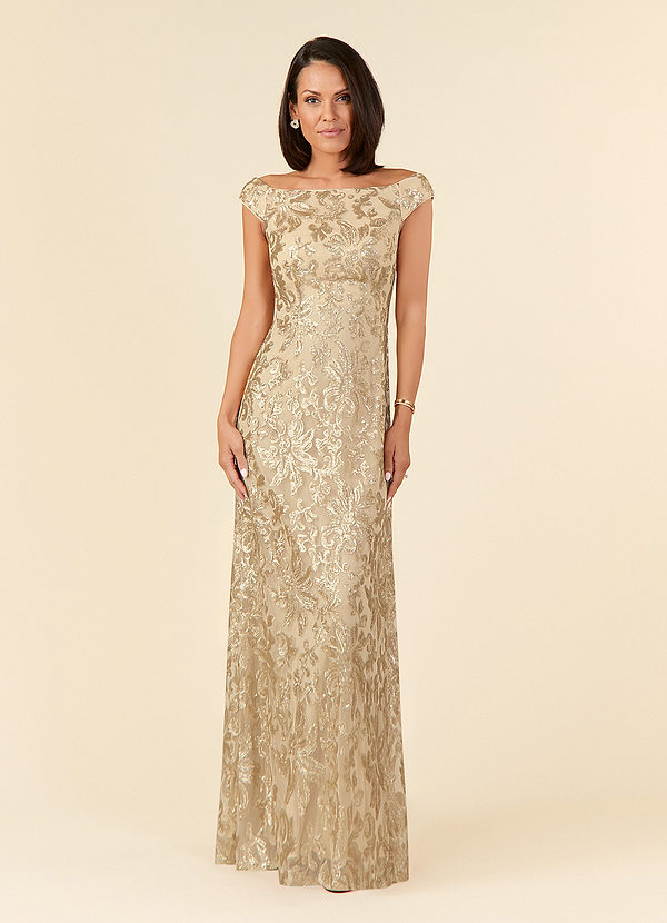 Azazie Porcelain Mother of the Bride Dresses Champagne A-Line Off the Shoulder Lace Dress image1