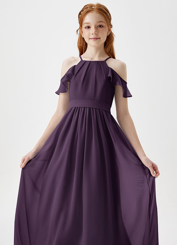 Azazie Chaya Junior Plum A-Line Off the Shoulder Chiffon Dress image1