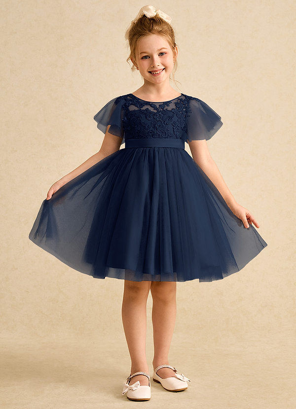 Azazie Queenie Robes de Fillette d'Honneur Robe Trapèze en Dentelle Bleu Marine Foncé image1