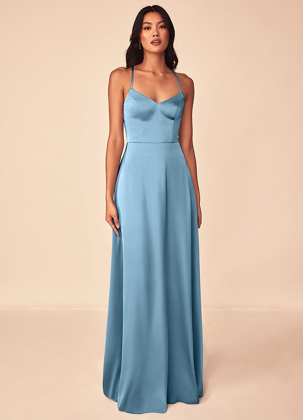 Azazie Mei Bridesmaid Dresses Steel Blue A-Line V-Neck Stretch Satin Dress image1