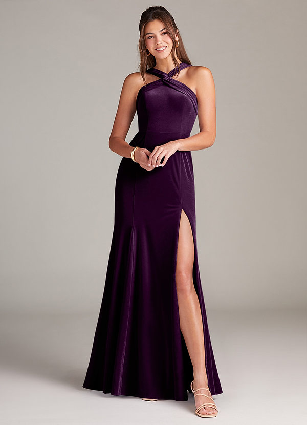 Azazie Rue Bridesmaid Dresses Grape A-Line Pleated Velvet Dress image1