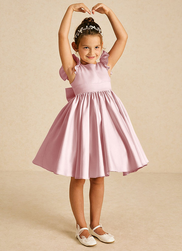 Azazie Tootsie Flower Girl Dresses Powder Pink A-Line Bow Matte Satin Dress image1