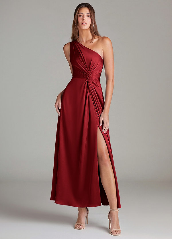 Azazie Brooke Robes Demoiselle d'honneur Robe Trapèze en Satin extensible Une épaule Écarlate image1