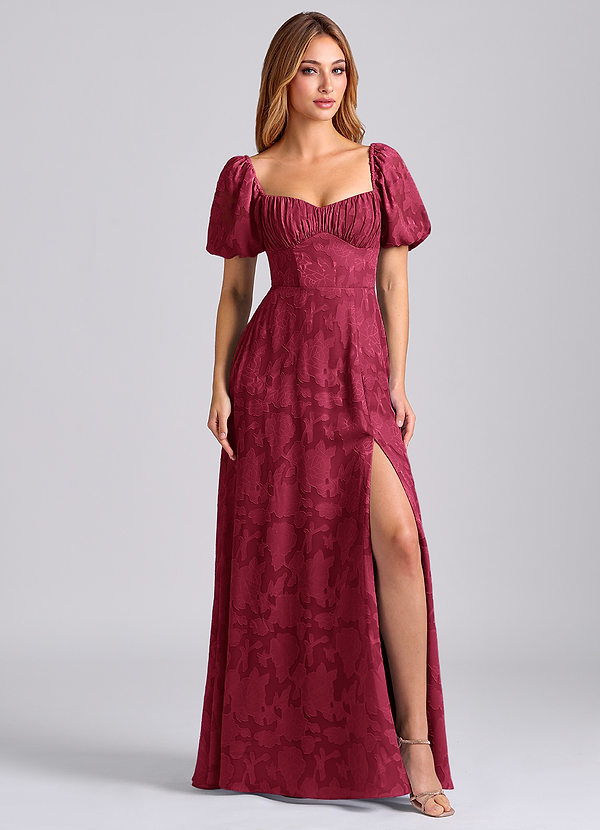 Azazie Mirian Bridesmaid Dresses Burgundy A-Line Sweetheart Neckline Floral Burnout Dress image1