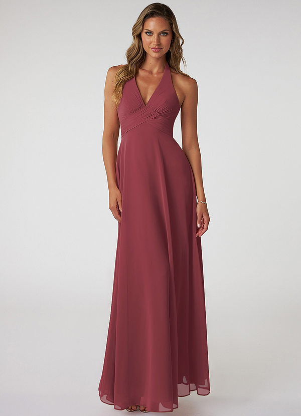 Azazie Tessie Vestidos Dama de Honor Vestido de Merlot de Gasa de Corte en A con Cuello en V plisado image1