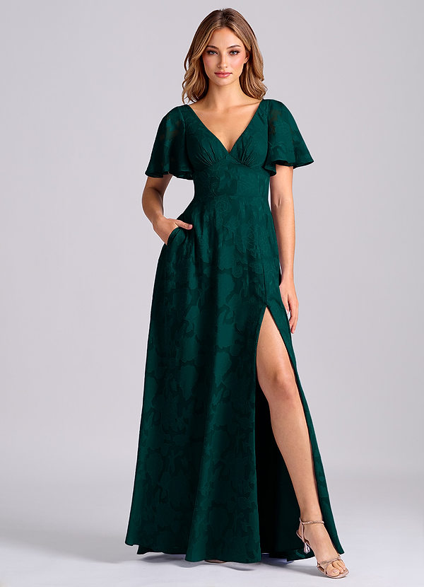 Azazie Kimber Bridesmaid Dresses Pine A-Line with Pockets Floral Burnout Dress image1