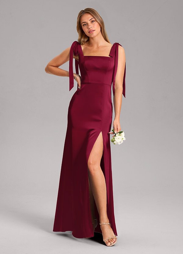 Azazie Frostine Bridesmaid Dresses Burgundy A-Line Bow Stretch Satin Dress image1