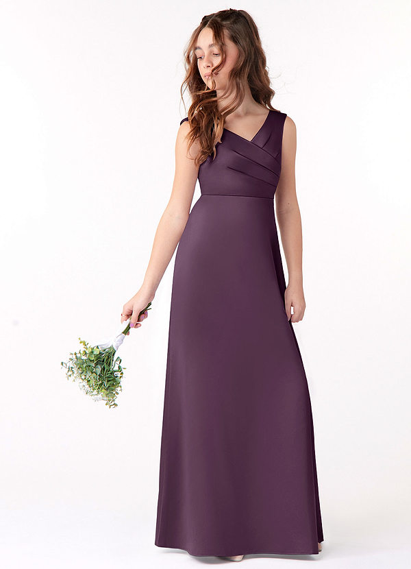 Azazie Sadia Junior Plum A-Line Pleated Stretch Satin Dress image1