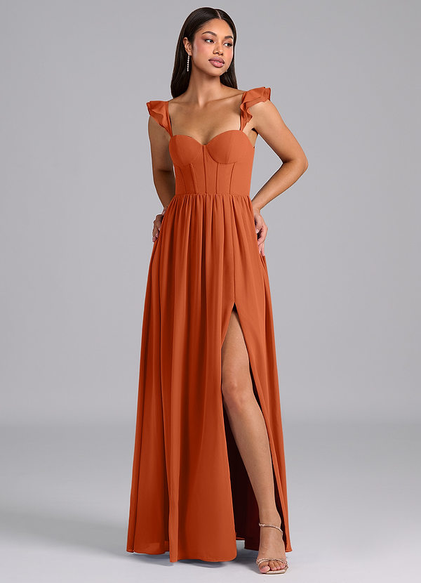 Azazie Denisse Robes Demoiselle d'honneur Robe Trapèze en Mousseline de soie Rayé Orange Brûlée image1