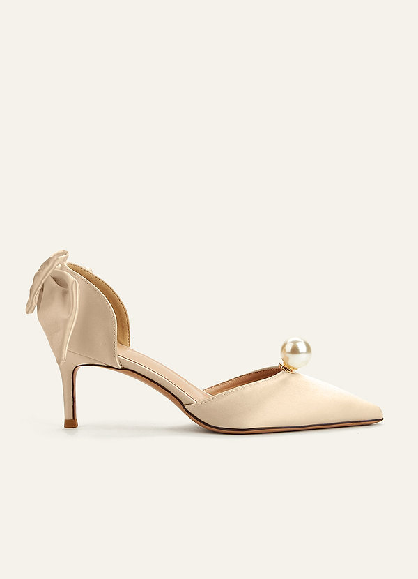 front Satin Pearl and Bow Pumps