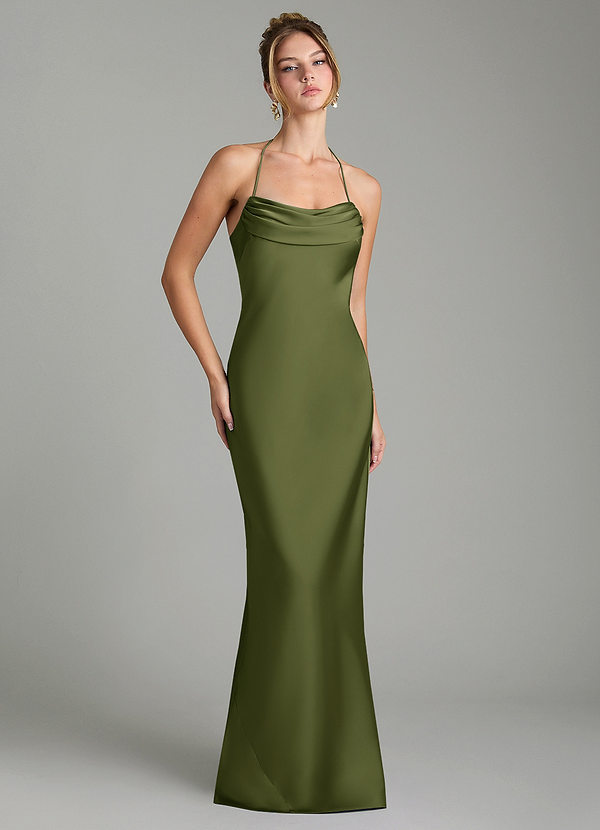 Azazie Mae Bridesmaid Dresses Olive Mermaid Pleated Stretch Satin Dress image1