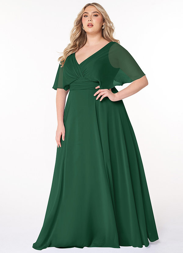 Azazie Pamela Bridesmaid Dresses Dark Green A-Line V-Neck Pleated Chiffon Dress image1