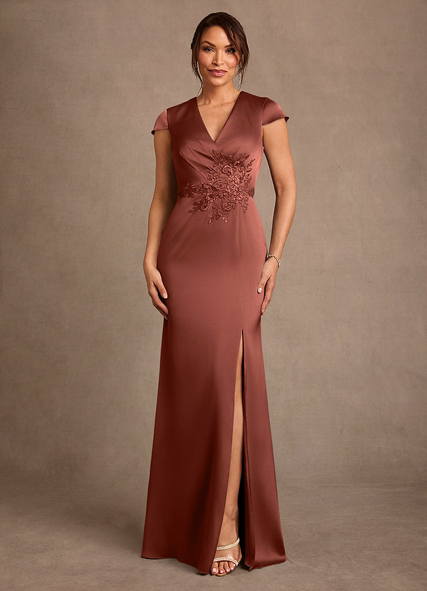 Azazie Rilda 신부의 어머니 드레스 쉬스 레이스 스트레치 새틴 플로어 길이 드레스 image1