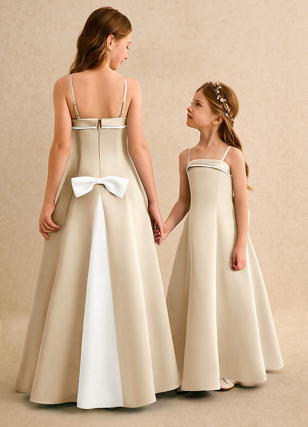 Azazie Izel Girls Formal Flower Girl Dresses Ivory Champagne A-Line Pleated Matte Satin Dress image1