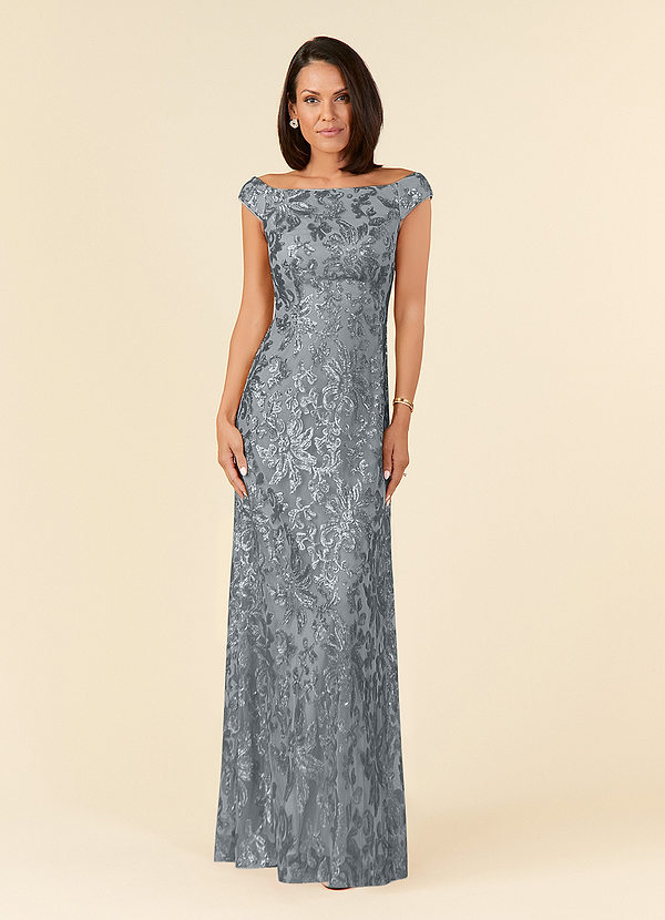 Azazie Porcelain Mother of the Brides Dresses Steel Grey A-Line Off the Shoulder Lace Dress image1
