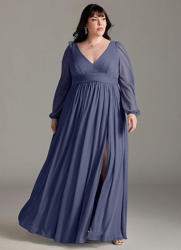 Azazie Norah Bridesmaid Dresses Stormy A-Line V-Neck Long Sleeve Chiffon Dress image1