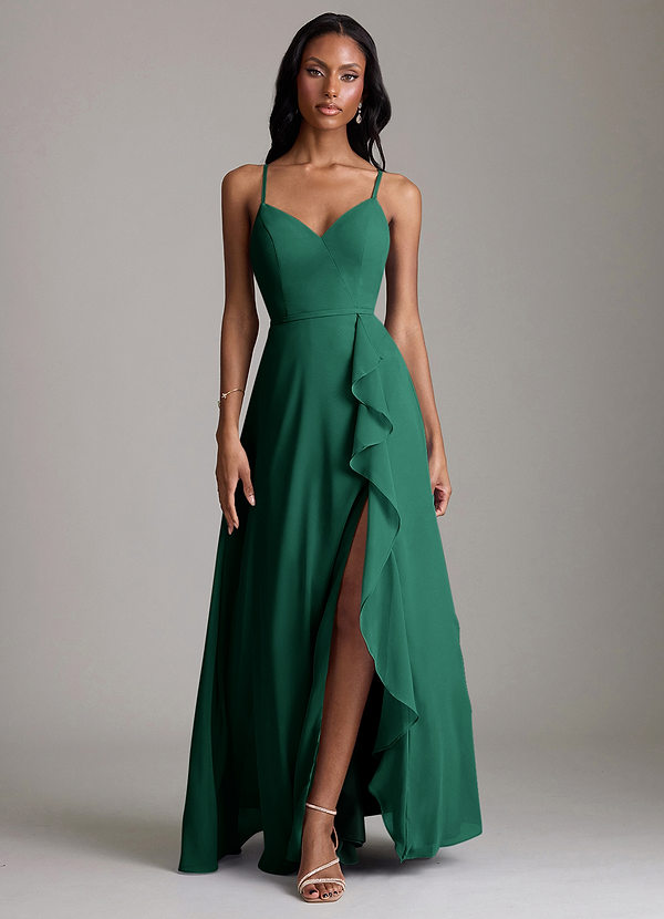 Azazie Naeem Bridesmaid Dresses Emerald A-Line V-Neck Ruffle Chiffon Dress image1