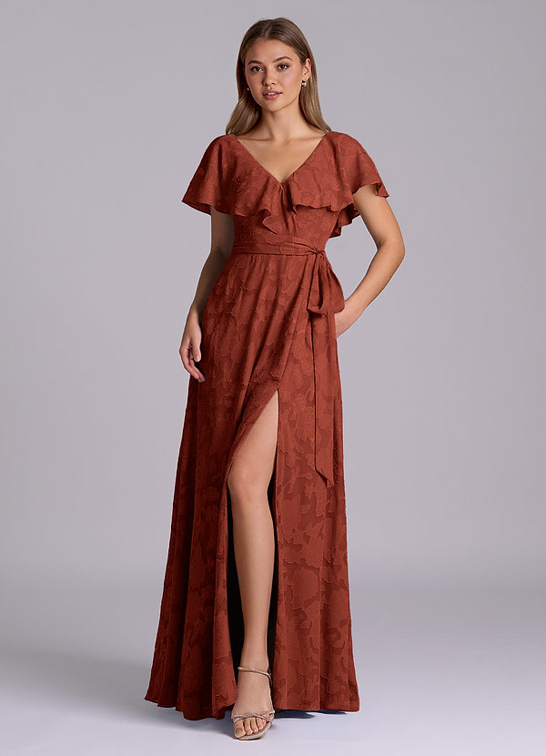 Azazie Lainey Bridesmaid Dresses Terracotta A-Line with Pockets Floral Burnout Dress image1