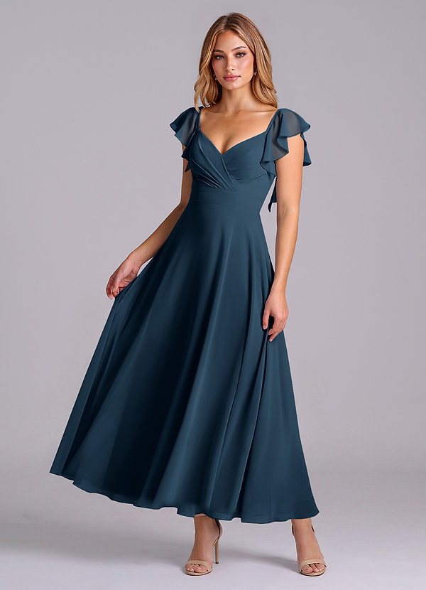 Azazie Leilani Abiti da Damigella Abito A-Line in Chiffon Drappeggiato Marino Scuro image1