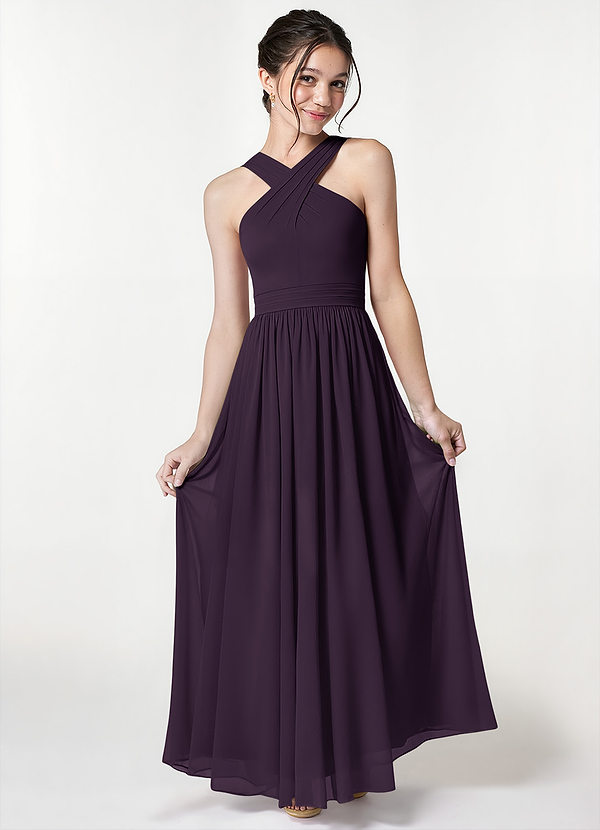 Azazie Jiya Junior Plum A-Line Pleated Mesh Dress image1
