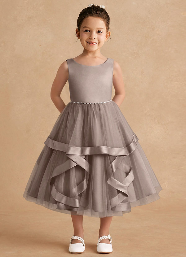 Azazie Posy Blumenkinder Kleider A-Linie Mit Perlen Tüll Kleid Taupe image1