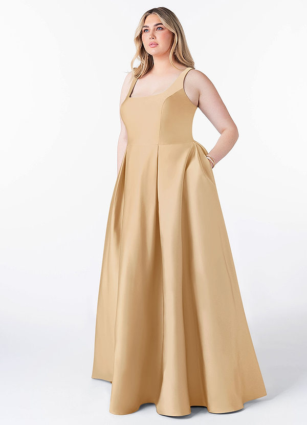 Azazie Neve Bridesmaid Dresses Gold Ball-Gown with Pockets Stretch Satin Dress image1